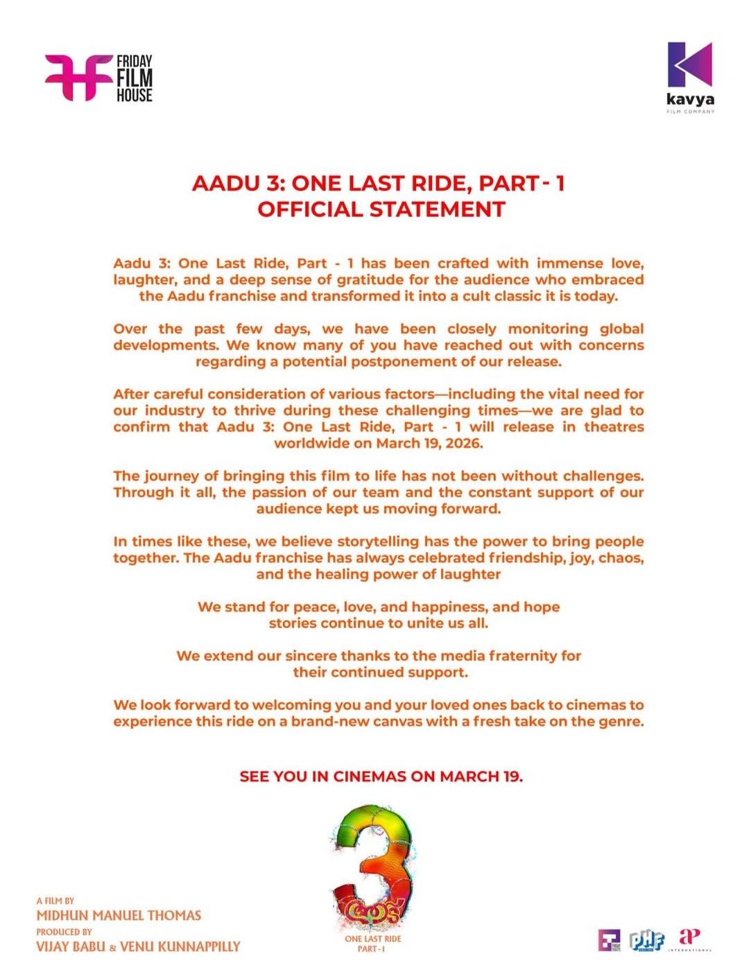 Official statement from Friday Film House and Kavya Films regarding Aadu 3 release